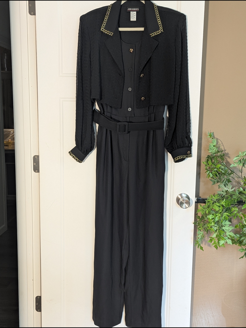 John Roberts Black-Gold Jumpsuit. 80's Disco Glam Party. Mob Wife. Faux 2 Piece.